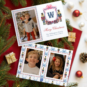 Watercolor Plaid Nutcracker Bear Monogram Crest Holiday Card