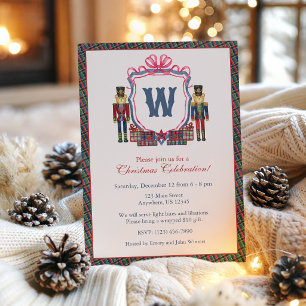 Watercolor Plaid Nutcracker Bear Monogram Crest Invitation