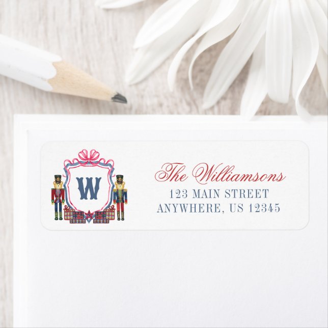 Watercolor Plaid Nutcracker Bear Monogram Crest Label (Insitu)
