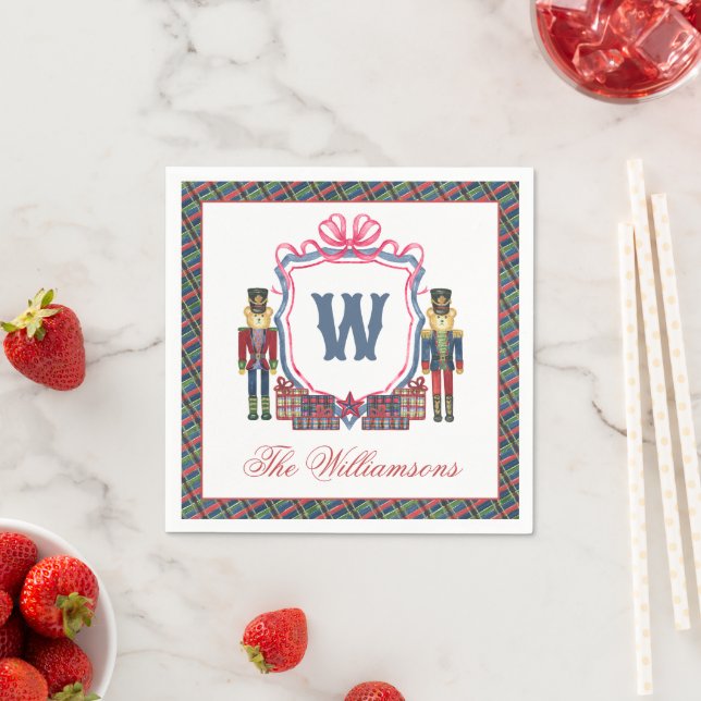 Watercolor Plaid Nutcracker Bear Monogram Crest Napkins (Insitu)