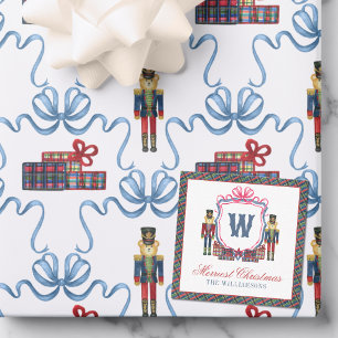 Watercolor Plaid Nutcracker Bear Monogram Crest Note Card