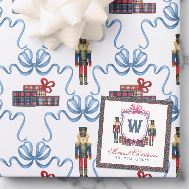 Watercolor Plaid Nutcracker Bear Monogram Crest Note Card (Creator Uploaded)