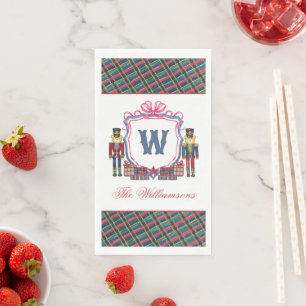Watercolor Plaid Nutcracker Bear Monogram Crest Paper Guest Towels