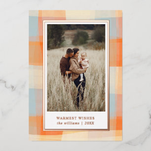 Watercolor Plaid Orange Cream Blue Photo Foil Holiday Card
