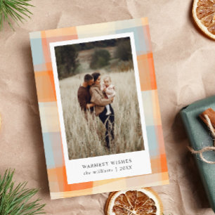 Watercolor Plaid Orange Cream Pale Blue 2 Photo Holiday Card