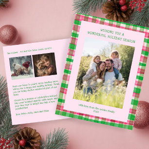 Watercolor Plaid Pink Christmas Custom 3 Photo Holiday Postcard