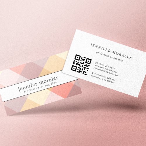 Watercolor Plaid Pink Cream Mauve Gray yellow QR  Business Card