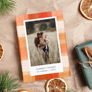 Watercolor Plaid Red Beige Orange 2 Photo Holiday Card