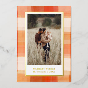 Watercolor Plaid Red Orange Cream Photo Foil Holiday Card