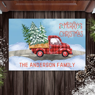 Watercolor Plaid Red Truck Snow Family Christmas Doormat