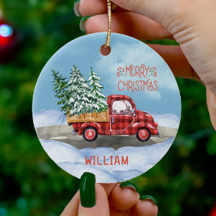 Watercolor Plaid Red Truck Snow Merry Christmas Ceramic Ornament