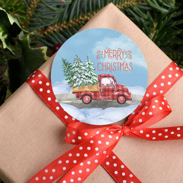 Watercolor Plaid Red Truck Snow Merry Christmas Classic Round Sticker (Watercolor Plaid Red Truck Snow Merry Christmas Classic Round Sticker)