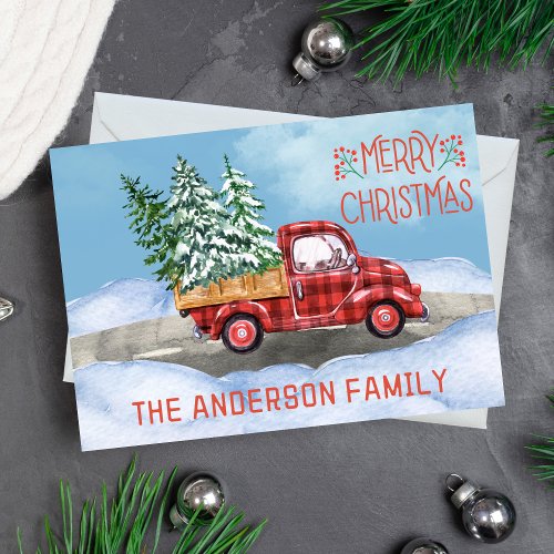 Watercolor Plaid Red Truck Snow Merry Christmas Holiday Card