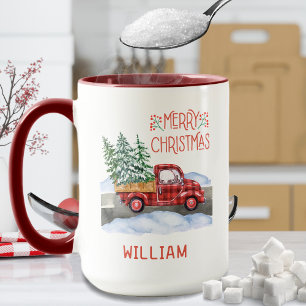 Watercolor Plaid Red Truck Snow Merry Christmas Mug