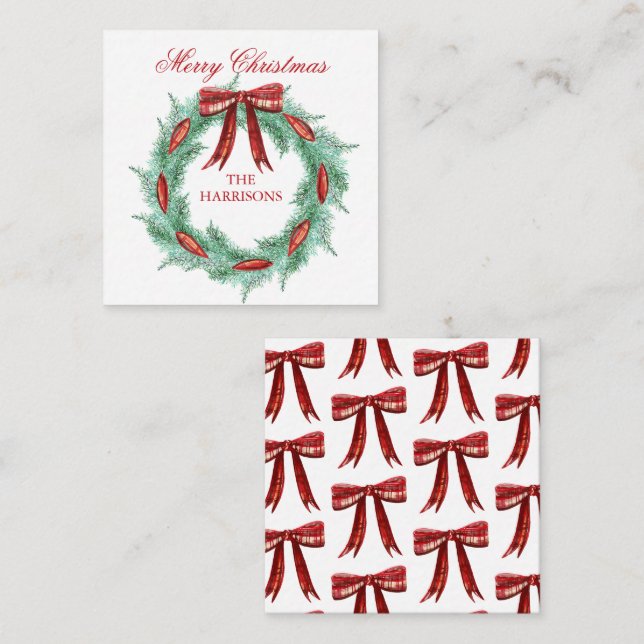 Watercolor Plaid Ribbon Wreath Christmas Enclosure Note Card (Front/Back)