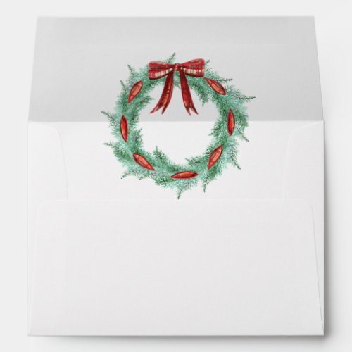 Watercolor Plaid Ribbon Wreath Christmas Envelope