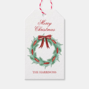 Watercolor Plaid Ribbon Wreath Christmas Gift Tags