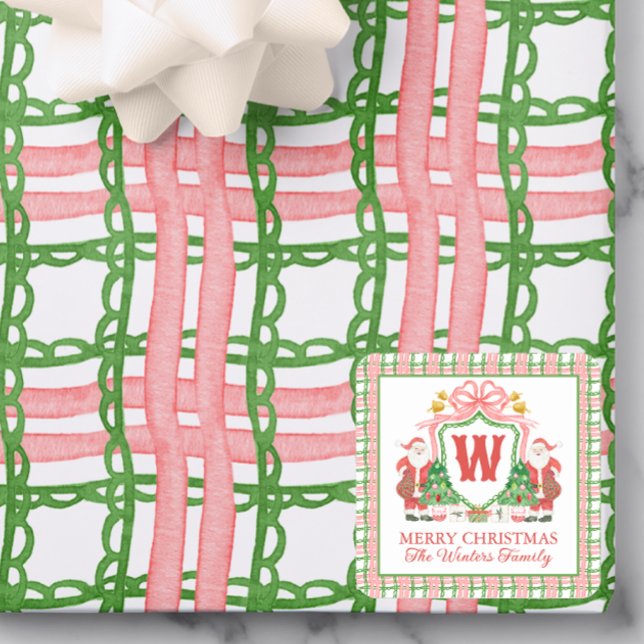 Watercolor Plaid Santa Monogram Crest Gift Square Sticker (Creator Uploaded)