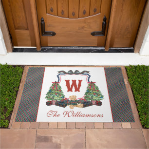 Watercolor Plaid Sweater Bear Monogram Crest Doormat
