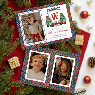 Watercolor Plaid Sweater Bear Monogram Crest Holiday Card