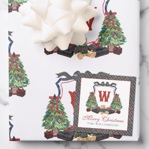 Watercolor Plaid Sweater Bear Monogram Crest Note Card