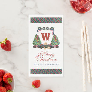 Watercolor Plaid Sweater Bear Monogram Crest Paper Guest Towels