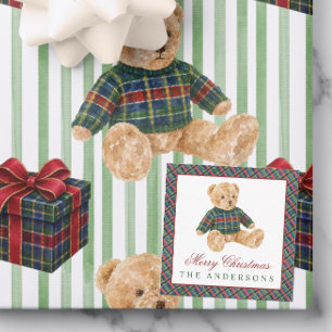 Watercolor Plaid Tartan Christmas Sweater Bear Note Card