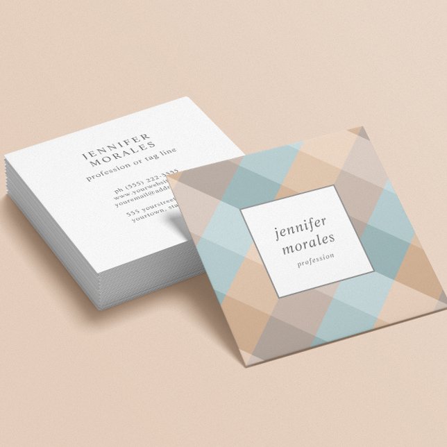 Watercolor Plaid Teal Brown Tan Aqua Square Business Card (teal aqua brown tan gray business card for tapestry or home stager)