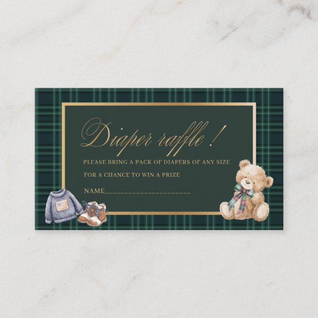   Watercolor Plaid teddy bear  baby shower diaper  Enclosure Card (Front)