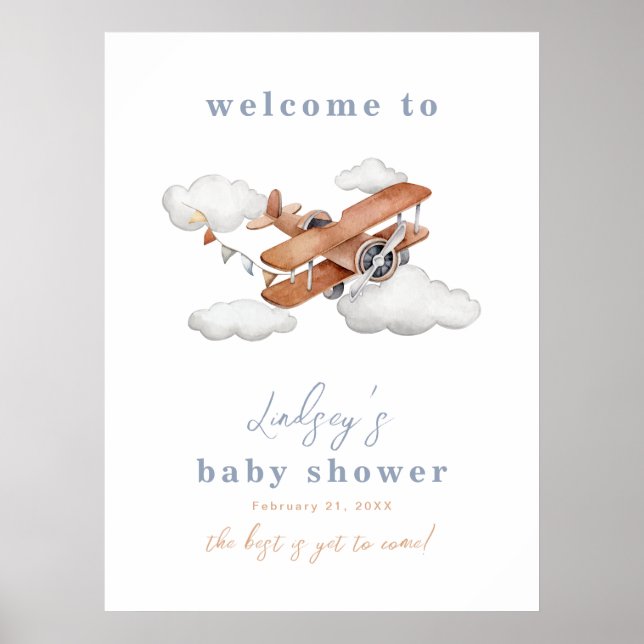 Watercolor Plane Baby Shower Welcome Sign (Front)