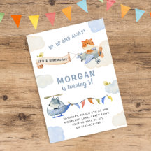 Watercolor Plane Cute Animals Birthday Party