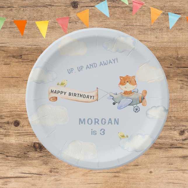 Watercolor Plane Cute Fox Birthday Party Paper Plates (Creator Uploaded)