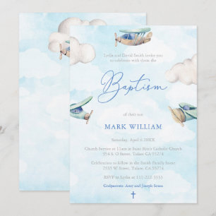 Watercolor Planes Sky Clouds Boy Baptism Party Invitation