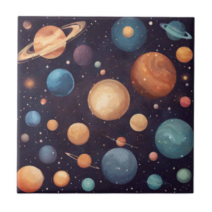 Watercolor Planets in the Galaxy Ceramic Tile