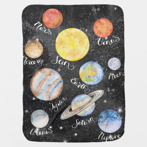 Watercolor Planets Names Baby Blanket