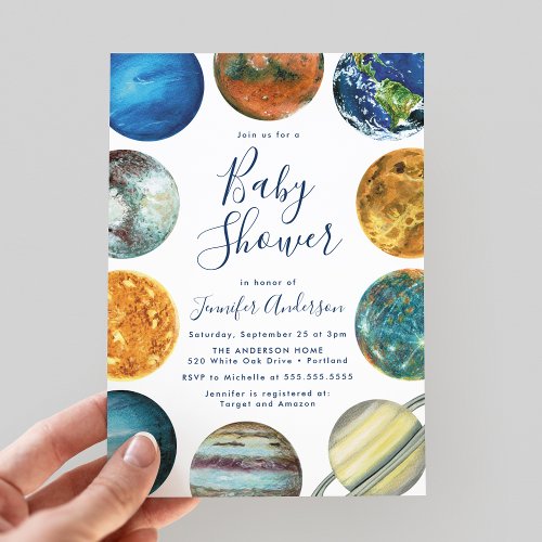 Watercolor Planets Solar System Baby Shower Invitation