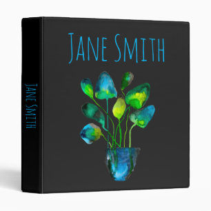 Watercolor plant art green and blue abstract 3 ring binder
