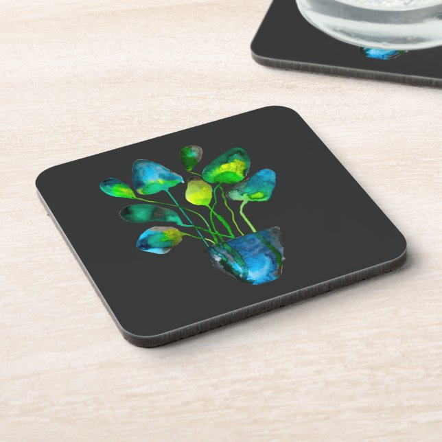 Watercolor plant art green and blue abstract beverage coaster (Left Side)