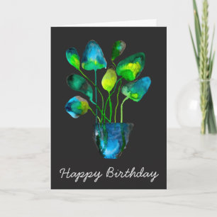 Watercolor plant art green and blue abstract card