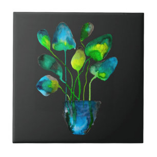 Watercolor plant art green and blue abstract ceramic tile