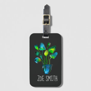 Watercolor plant art green and blue abstract luggage tag