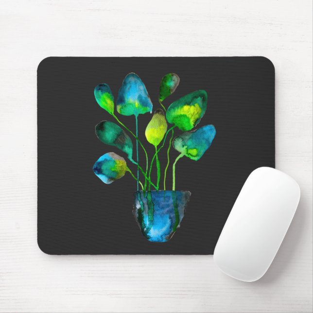 Watercolor plant art green and blue abstract mouse pad (With Mouse)