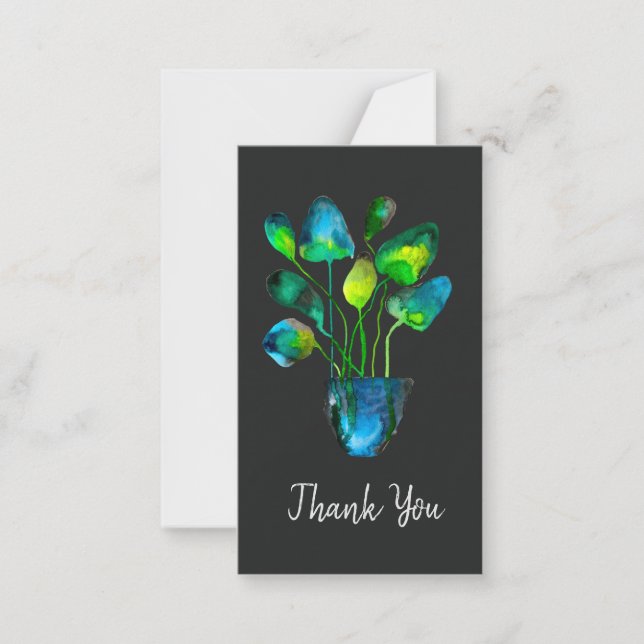 Watercolor plant art green and blue abstract note card (Front)
