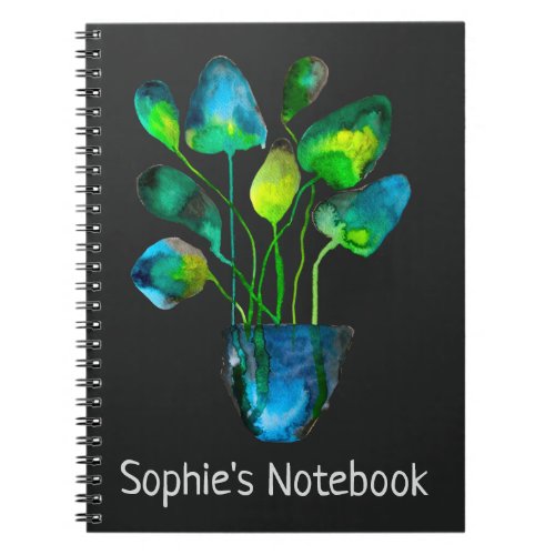 Watercolor plant art green and blue abstract notebook
