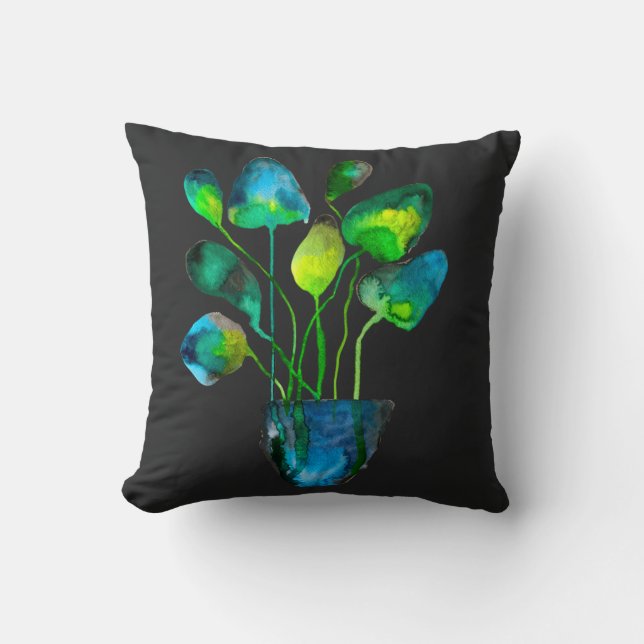 Watercolor plant art green and blue abstract throw pillow (Front)