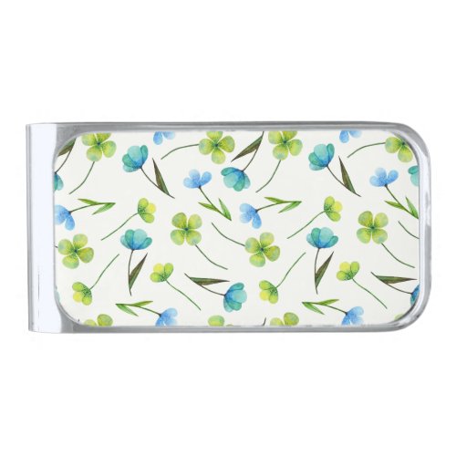 Watercolor Plants Floral Seamless Pattern Silver Finish Money Clip