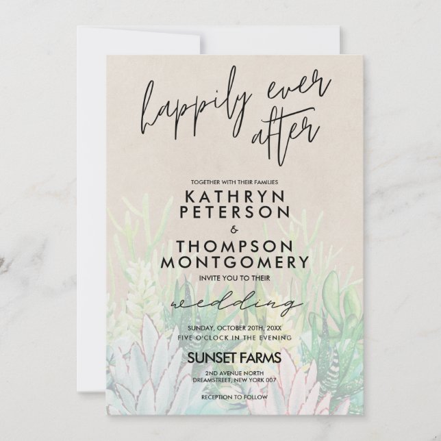 Watercolor Plants Happily Ever After Wedding Invitation (Front)