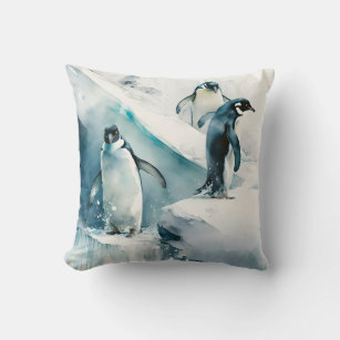 Watercolor Playful Penguins Artwork  Throw Pillow