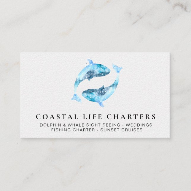 *~* Watercolor Playing Coastal Dolphins Sea Business Card (Front)