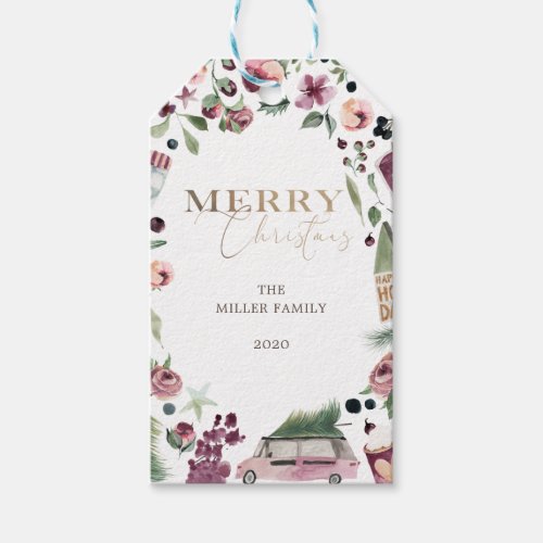 watercolor plum and pink merry christmas gift tags